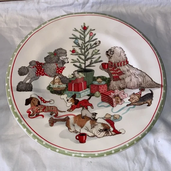 Set of 2 Pier 1 Park Avenue Puppies Christmas Morning Pups Salad Dessert plates